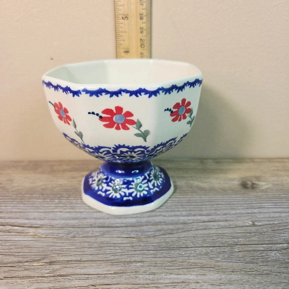 Polish Pottery Manufaktura Footed Bowl Octagon Dessert Cup Polish Stoneware Blue